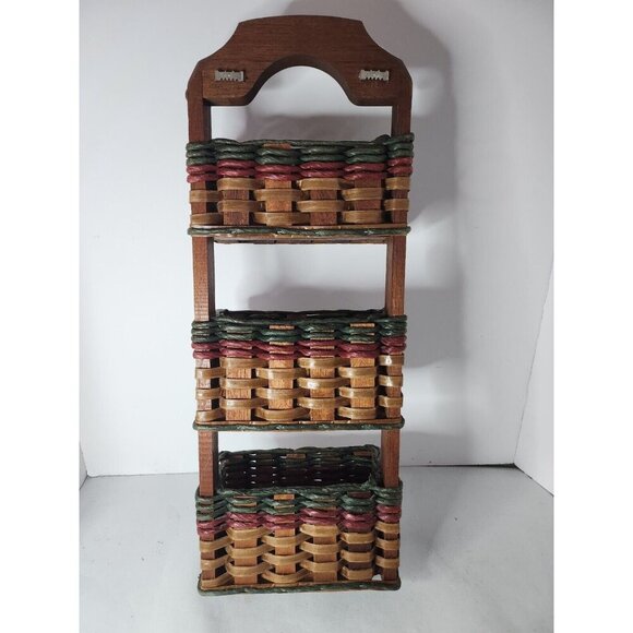 Vintage Foxcreek Basket Co Mahogany Wood Wicker 3 Tier Wall Mail Organizer - Picture 6 of 13